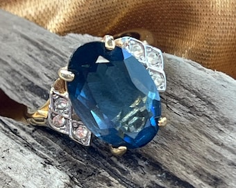 Vintage 18K Gold Filled Cocktail Ring | Simulated Sapphire, Two-Tone Accent Stones