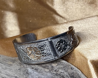 Vintage Silver-Tone Floral Cuff Bracelet | Engraved Repoussé Open Bangle