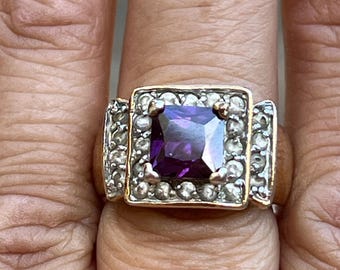 Vintage Park Lane Hostess Exclusive Ring Purple CZ Art Deco Statement Ring Gold Tone Cocktail Ring Size 5.5 Retired Designer Jewelry