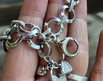 Fossil Brand Silver Charm Bracelet with Pavé Hearts