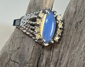 Vintage Blue Cat's Eye Statement Ring | Celestial Halo Filigree Cocktail Ring (Size 6)