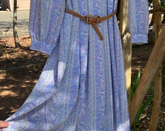 Vintage 80s Secretary Dress Size 14 Paisley Midi Lavender Boho Cottagecore Belted Day Dress”