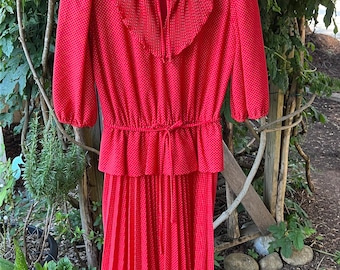 Vintage Red Polka Dot Pleated Dress | 1970s 1980s Secretary Dress | Ruffle Collar Midi Dress | Size 14 Vintage Made in California