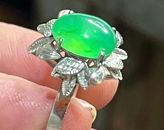 Gold Filled Floral Ring | Green Chalcedony  Cabochon, Vintage Style Size 6