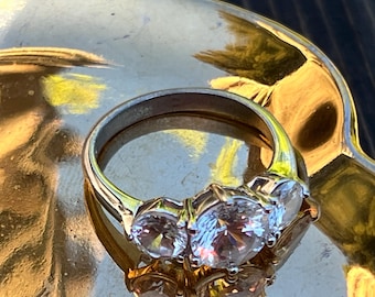 Vintage Sterling Silver Three Stone Ring | CZ Engagement Style Promise Ring