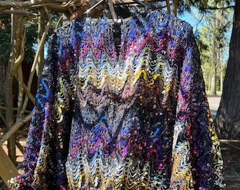 Vintage 80s Sequin Blouse | Rainbow Waves, Sheer Black, Party Statement Top