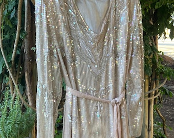 Vintage 1980s Swee Lo Pure Silk Beaded Sequin Dress XL | Champagne Art Deco Revival Evening Cocktail Dress