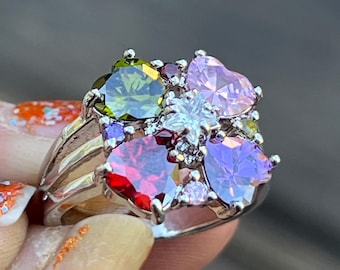 Vintage Multicolor Heart Cut Crystal Flower Ring Colorful Statement Cocktail Ring 5-5.5