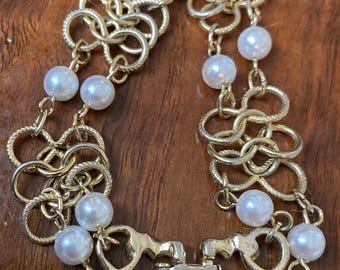 Vintage Goldette Gold Tone Faux Pearl Link Bracelet Textured Openwork Statement Bracelet