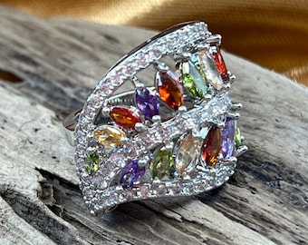Vintage Multicolor Marquise Ring | CZ Leaf Cocktail Ring, Size 5-5.5
