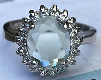 Vintage Green Glass Halo Ring • GR Hallmark • Silver Tone Statement Ring • Oval Faceted Glass • Estate Jewelry • Size 6