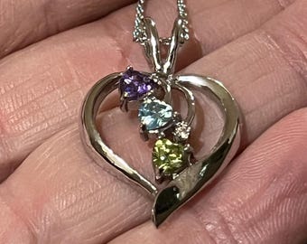 925 Sterling Silver Heart Necklace, Amethyst, Topaz, Peridot, CZ