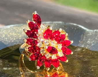 Vintage Style Ruby Red Marquise Cluster Ring, Gold-Tone Statement Cocktail Ring
