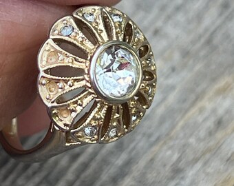 Vintage Gold Tone Sunburst Cocktail Ring • Clear Rhinestone Statement Ring • Art Deco Revival • Openwork Halo Ring • Size 8