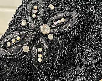 Vintage Black Beaded Evening Clutch Purse Rhinestone Floral Cocktail Bag Gatsby Formal Handbag