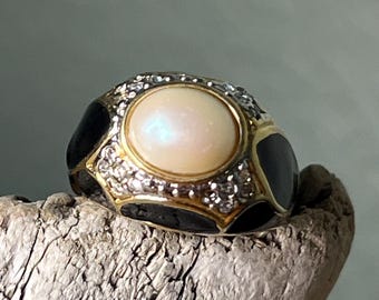 Antique Dome Mabe Pearl, Black Onyx & Diamond Ring