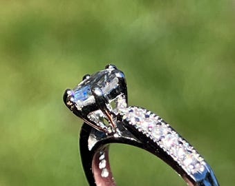 Vintage Style Solitaire Ring | Silver Tone CZ Pavé Band Bridal Ring