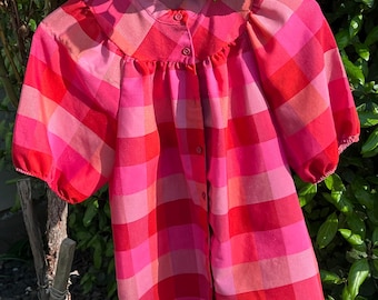 Vintage 70s Pink Gingham Blouse | Sheer Puff Sleeve Romantic Shirt