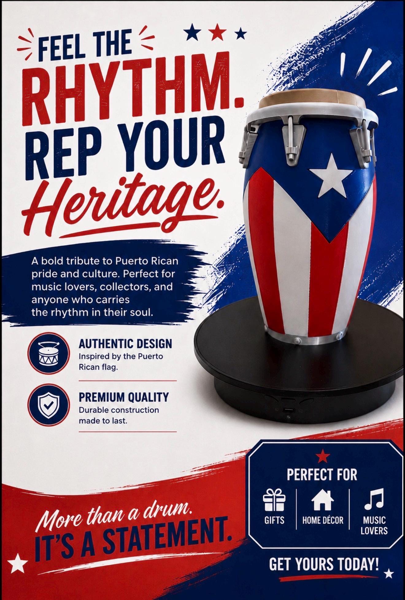 Puerto Rican Project Display Puerto Rican Flag Mini Conga Drum – 3D Printed Desk Decor, Boricua ...