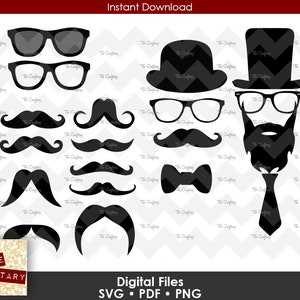 May include: A set of black and white digital clipart images featuring various facial accessories, including glasses, hats, mustaches, bow ties, and a tie. The images are suitable for crafting projects, scrapbooking, and digital design.