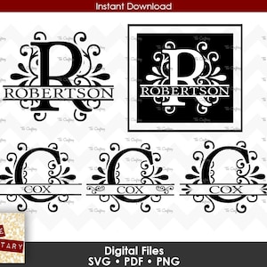 May include: A digital download of three SVG files for a monogram design. The design features a decorative initial "R" with a banner below for the name "Robertson" and a decorative initial "C" with a banner below for the name "Cox".