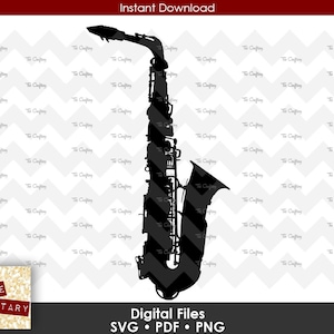 Puede incluir: Una silueta negra de un saxofón. El saxofón es un instrumento musical utilizado en el jazz, la música clásica y otros géneros musicales.