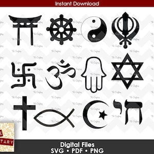 12 Religious Symbols SVG Bundle | Buddhism, Christian Cross Fish, Hinduism, Islam, Judaism Jewish Star David, Shinto, Sikhism, Taoism
