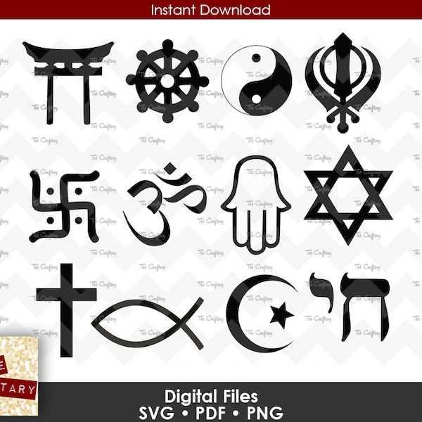 12 Religious Symbols SVG Bundle | Buddhism, Christian Cross Fish, Hinduism, Islam, Judaism Jewish Star David, Shinto, Sikhism, Taoism