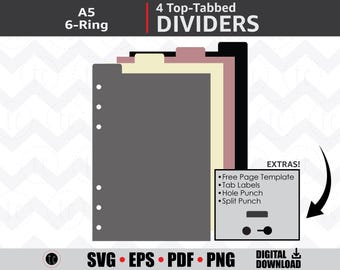 DIY 4 Top-Tabbed A5 6 Ring Planner Dividers | Notebook Calendar Binder Tabs | svg • eps • pdf • png