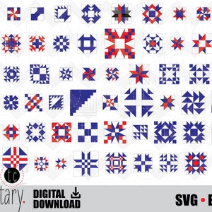 May include: A set of 48 quilt block patterns in blue, red, and white. The patterns are arranged in a grid and include a variety of geometric shapes and designs. The text "the crafty" is visible in the bottom left corner of the image.