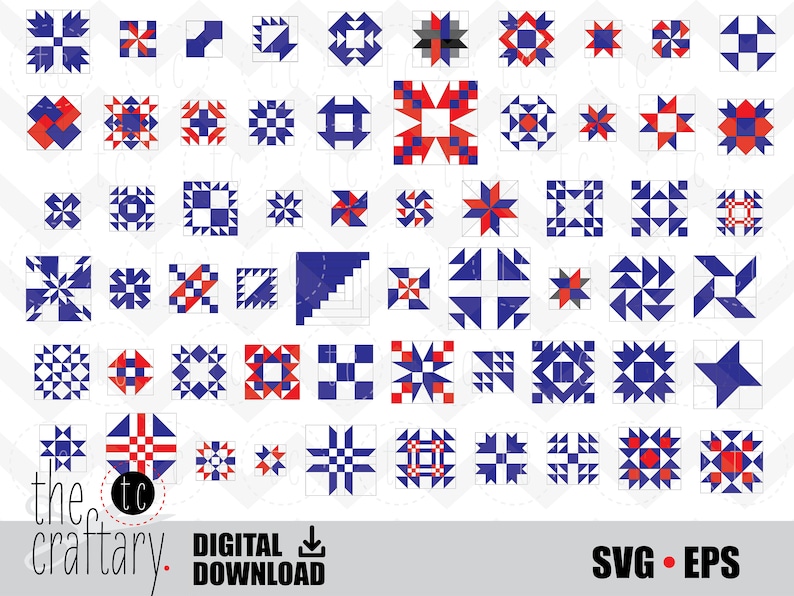 May include: A set of 48 quilt block patterns in blue, red, and white. The patterns are arranged in a grid and include a variety of geometric shapes and designs. The text "the crafty" is visible in the bottom left corner of the image.