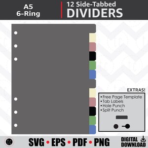 Può includere: Divisori per cartelle A5 a 6 anelli con 12 linguette laterali. Le linguette sono di vari colori, tra cui beige, rosa, nero, verde e blu. I divisori sono per organizzare documenti e carte. L'immagine include anche testo che dice "EXTRAS!" e elenca funzionalità aggiuntive: "Modello di pagina gratuito", "Etichette per linguette", "Foro", e "Foro diviso".