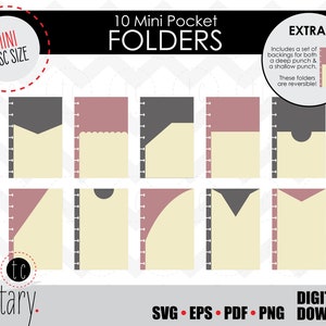 Puede incluir: Diez carpetas de bolsillo mini para una agenda de disco. Las carpetas son reversibles y vienen en dos colores: beige y rosa claro. Las carpetas tienen diferentes formas recortadas para la organización. El texto "10 Mini Pocket Folders" y "EXTRAS!" está incluido en la imagen.
