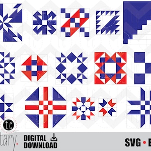 May include: A set of 12 quilt block patterns in red, white, and blue. The patterns are arranged in a grid and include a variety of geometric shapes. The text "SVG - EPS" is at the bottom of the image.