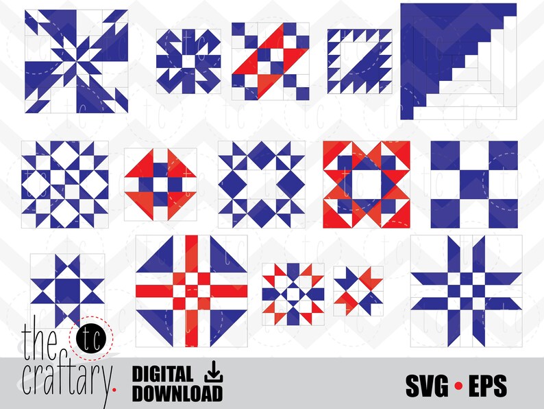May include: A set of 12 quilt block patterns in red, white, and blue. The patterns are arranged in a grid and include a variety of geometric shapes. The text "SVG - EPS" is at the bottom of the image.