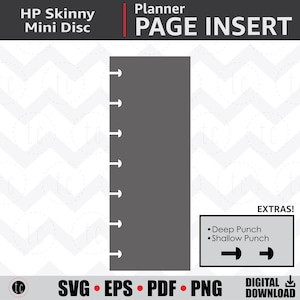 Puede incluir: Una inserción de página de planificador gris para un planificador HP Skinny Mini Disc. La página tiene cinco agujeros en el lado izquierdo para el sistema de encuadernación de discos. El texto "Deep Punch" y "Shallow Punch" es visible en un cuadro blanco con borde negro. El texto "EXTRAS!" está encima del cuadro. El texto "PAGE INSERT" está en letras negras grandes en la parte superior de la imagen.
