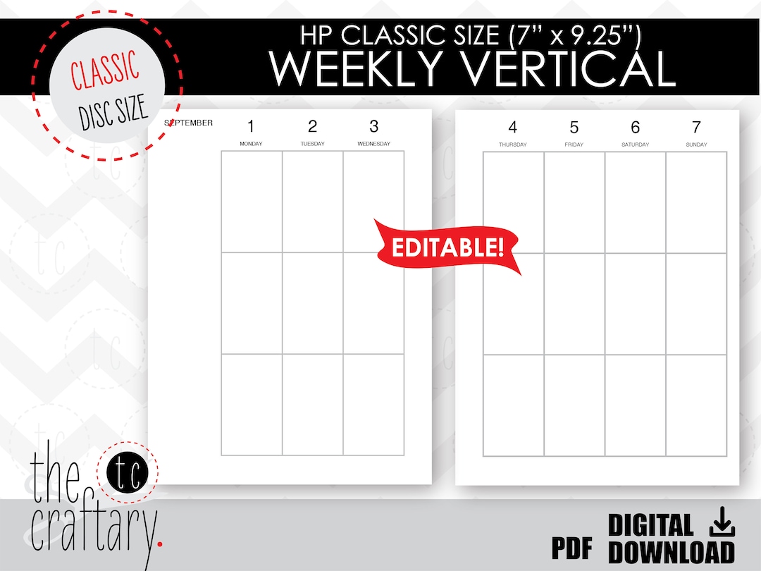 EDITABLE Weekly (vertical Style) Classic Calendar Pages Template | Disc ...