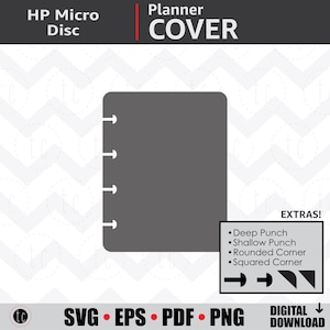 May include: A gray HP Micro Disc planner cover with a vertical row of four disc-binding slots on the left side. A small box labeled EXTRAS includes icons for Deep Punch, Shallow Punch, Rounded Corner, and Squared Corner. Text reads SVG, EPS, PDF, PNG.