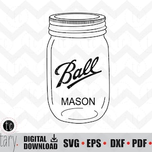 May include: Black and white line drawing of a Ball Mason jar. The jar has a lid and a label that says "Ball Mason".