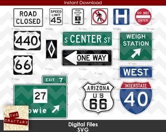 Road Signs Set 2 + FONT! | Freeway Interstate Highway Street Hospital Do Not Enter Speed Limit Signs | Template SVG