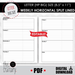 EDITABLE Weekly (Horizontal Lined Split Style) Letter/Big Calendar Pages Template | Disc Planner | Printable  | Undated Happy Planner Refill