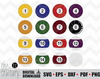 Könnte beinhalten: Satz mit 15 Clipart-Bildern von Billardkugeln. Die Kugeln sind von 1 bis 15 nummeriert und in verschiedenen Farben, darunter Rot, Gelb, Grün, Blau, Schwarz und Lila.