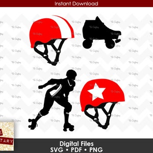 May include: Silhouette of a roller derby skater wearing a red and white helmet with a white star. The skater is wearing a black and white striped shirt and black shorts. A red helmet with a white star and a black roller skate are also included in the image.