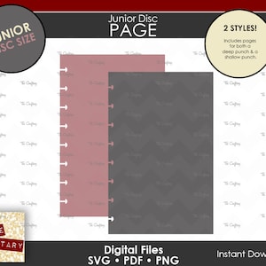 May include: Two printable pages for a junior disc planner. One page is a solid dusty rose color and the other is a solid dark gray. Both pages have a pattern of small white squares. The text "Junior Disc Page" is at the top of the image. The text "2 Styles!" is in the top right corner of the image. The text "Includes pages for both a deep punch & a shallow punch." is below the text "2 Styles!" The text "Digital Files SVG PDF PNG" is in the bottom left corner of the image. The text "Instant Download" is in the bottom right corner of the image.