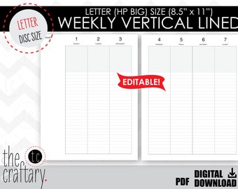 EDITIERBARE Wöchentlich linierte (Vertikal Style) Letter / Big Kalender Seiten Vorlage | Scheiben-Planer | Druckbare Beilage | Undatierte Happy Planner Refill