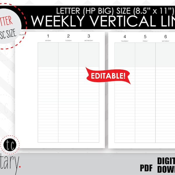 EDITABLE Weekly Lined (Vertical Style) Letter/Big Calendar Pages Template | Disc Planner | Printable Insert | Undated Happy Planner Refill