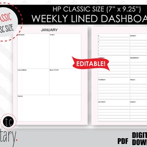 Puede incluir: Planificador semanal editable imprimible en formato PDF. El planificador está diseñado para un planificador de tamaño clásico de 7 pulgadas por 9,25 pulgadas. El planificador incluye una sección para enero, una lista de tareas, llamadas/correos electrónicos, facturas por pagar y un área de enfoque. El lado derecho del planificador incluye un horario diario de lunes a domingo.