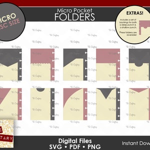 Puede incluir: Una descarga digital de ocho diseños diferentes de carpetas de bolsillo micro. Las carpetas son de color negro, gris, crema y rosa. Los diseños incluyen una variedad de formas y patrones. El texto "Micro Pocket Folders" está en la parte superior de la imagen. El texto "Digital Files SVG PDF PNG" está en la parte inferior de la imagen.