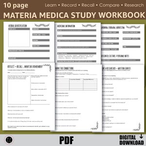 May include: A 10-page Materia Medica study workbook in PDF format. The pages feature sections for herbal identification, medicinal information, growing, foraging, harvesting, research notes, and reflection questions with printed text and lines.