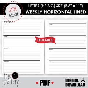 EDITABLE Weekly (Horizontal Lined Style) Letter/Big Calendar Pages Template | Disc Planner | Printable Insert | Undated Happy Planner Refill